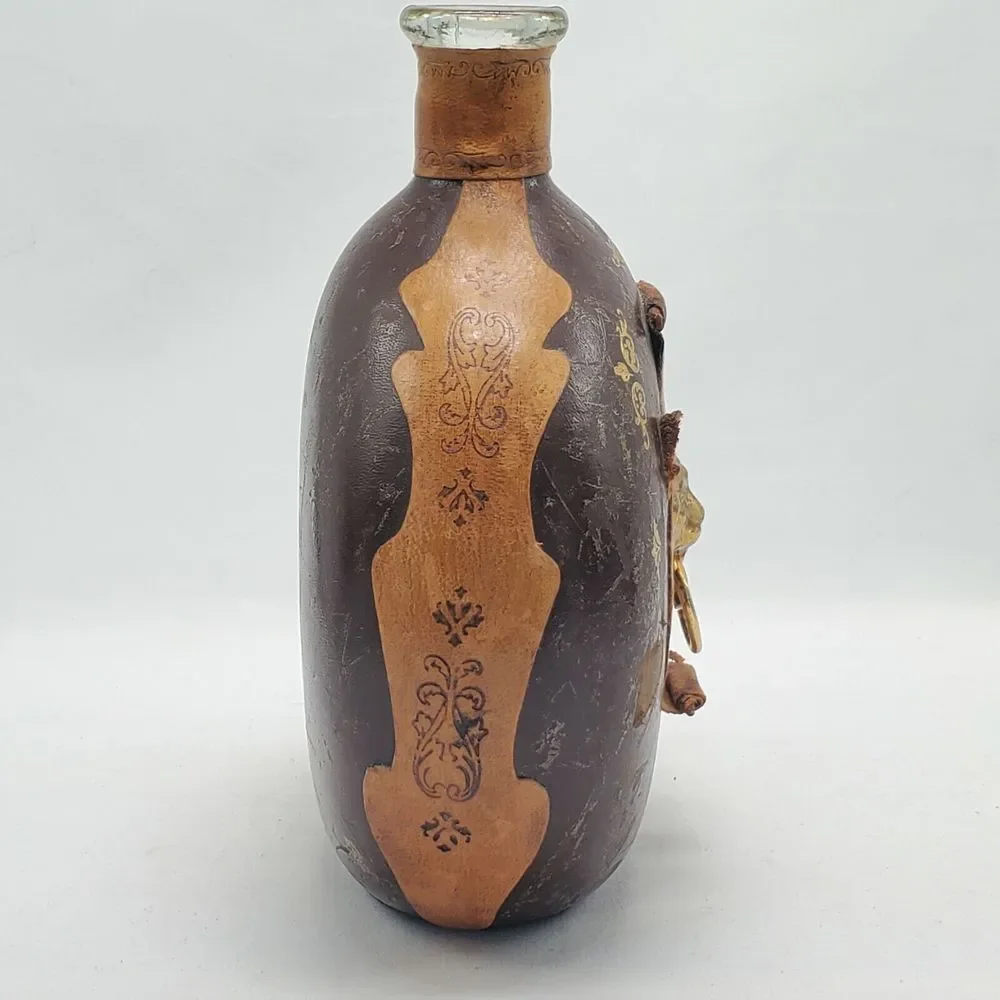 Vintage Italian Leather‎ Wrapped Decanter Bottle With Lions Head Knocker No Top